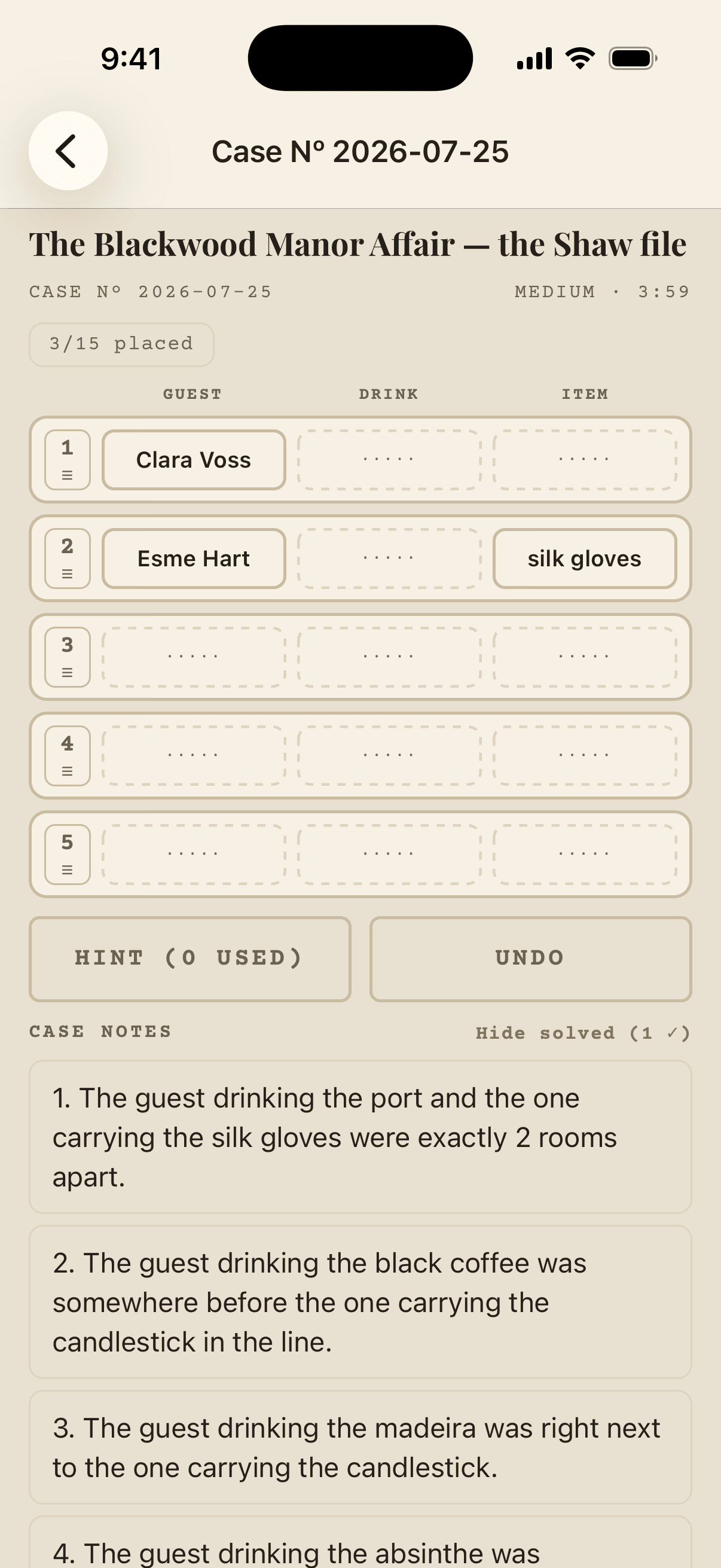 Verdict iPhone board showing a medium detective logic-grid case in progress